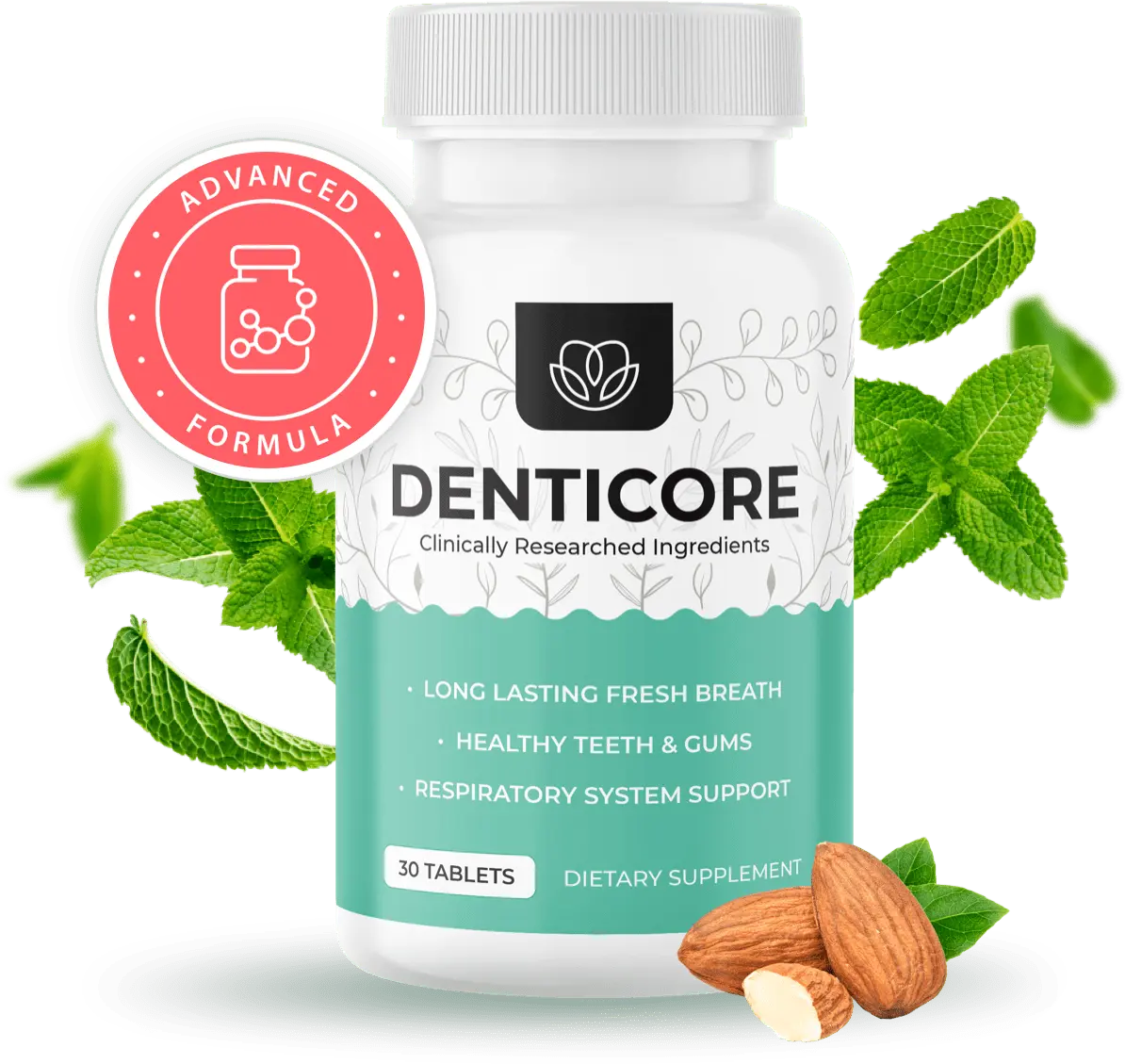 DentiCore one bottle plus almonds and mint leaves